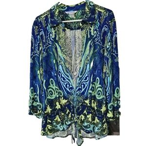 Peter Nygard Blue Paisley Designer Blouse 2XL Button Down Tie Waist Artsy 217